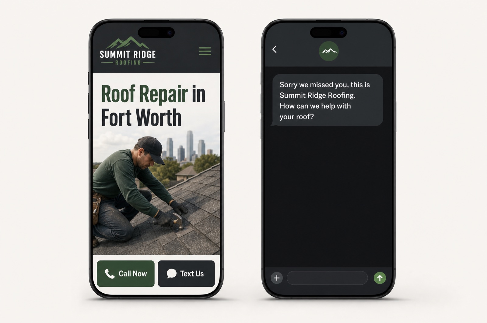 Roofing website on mobile with a sticky Call Now and Text Us bar next to an automated missed-call text-back message